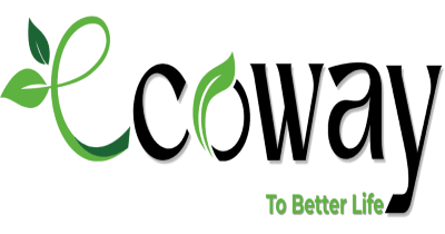 شعار Ecoway مع لمسات من أوراق الشجر الخضراء على الحرفين "E" و "o"، والشعار "لحياة أفضل".